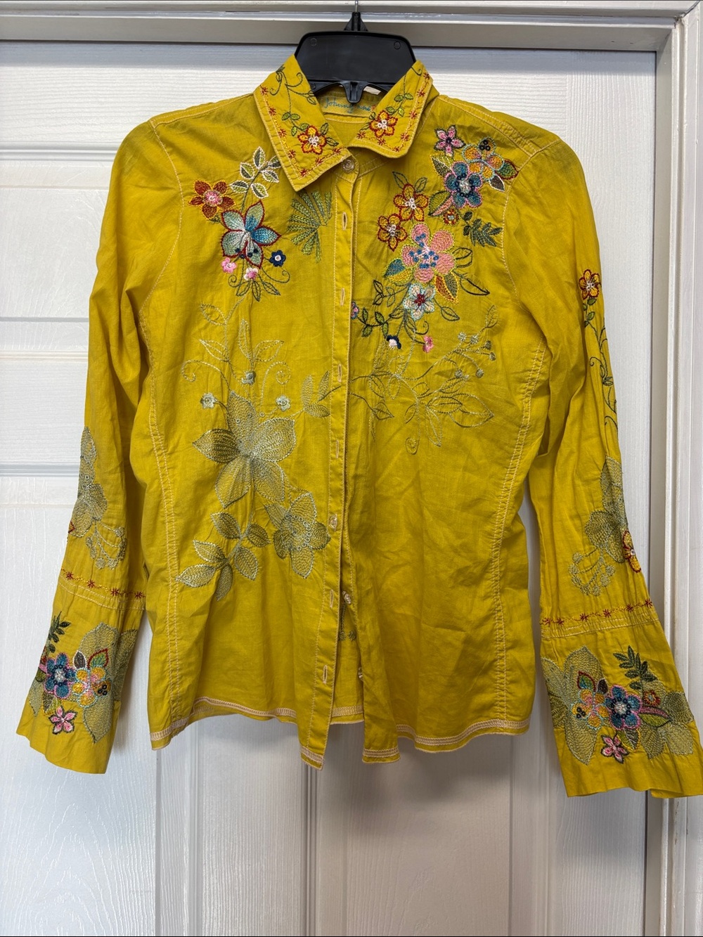 Johnny Was Floral Embroidered Yellow Floral Button Women's Shirt Flare Sleeve xs